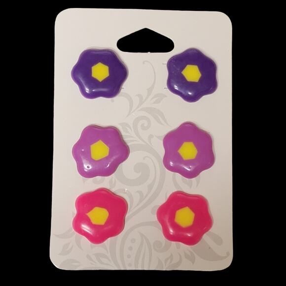 Flower Earrings Lot of 6 Pair‎ Post Handmade 1/2" Purple Pink Blue White Jewelry - Picture 2 of 5
